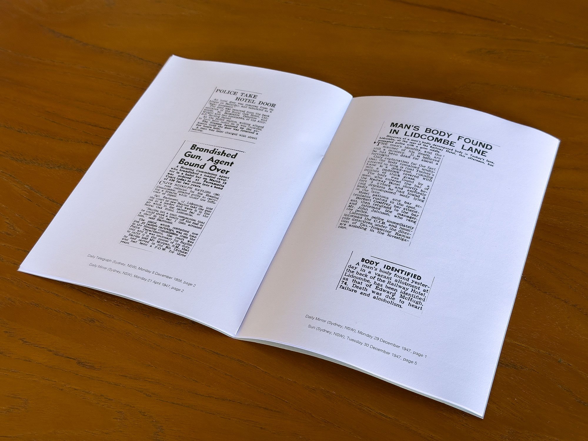 A page spread from a zine featuring old news stories about Sydney hotels